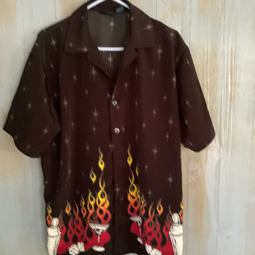 MENS MT2 RETRO FLAME PATTERN BOWLING SHIRT SZ MEDIUM EUC